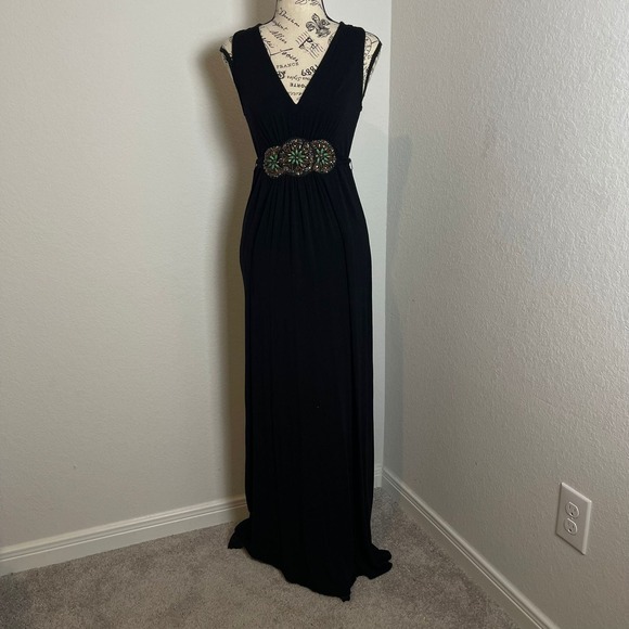 VTG ICE Maxi Dress Black Sleeveless Embellished Waist Evening Gown Size 6 - Picture 1 of 7